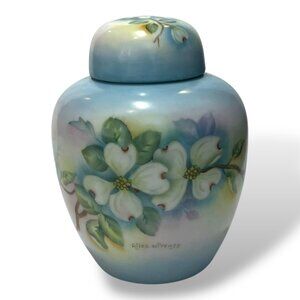 1979 Hand Painted Ginger Jar Urn Dogwood Blossoms Signed 5" Light Blue